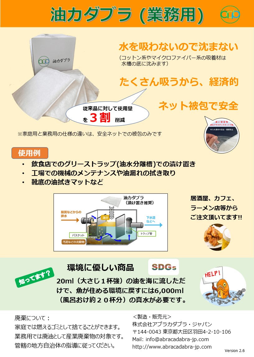 アブラカダブラ・ジャパン 強力油吸着材 【油カダブラ マイト】 6/22/50枚入り 強化シートタイプ 再生PET使用 ナノファイバー製 業務用 グリストラップ用